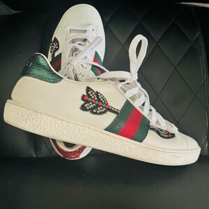 Gucci White Embellished Leather Women's Sneaker with Green & Red Stripe